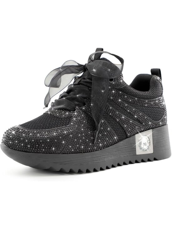 Shoes - Women's Black Mesh Glitter Sneakers Platform Wedge Shoes Sparkly Rhinestone